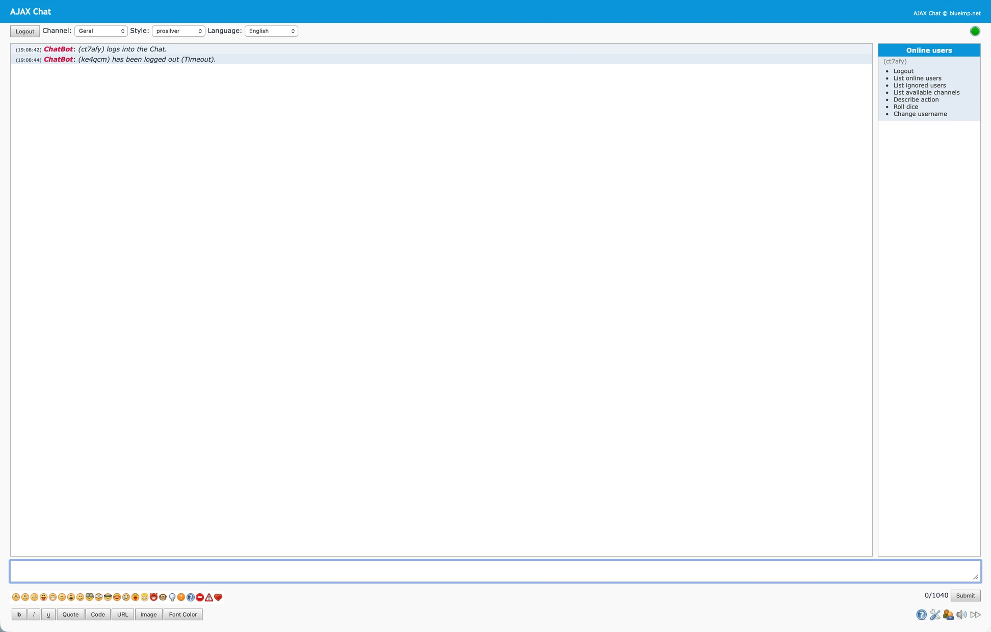 Interface AJAX Chat com o canal Geral, lista de utilizadores à direita e campo de escrita de mensagens na parte inferior.