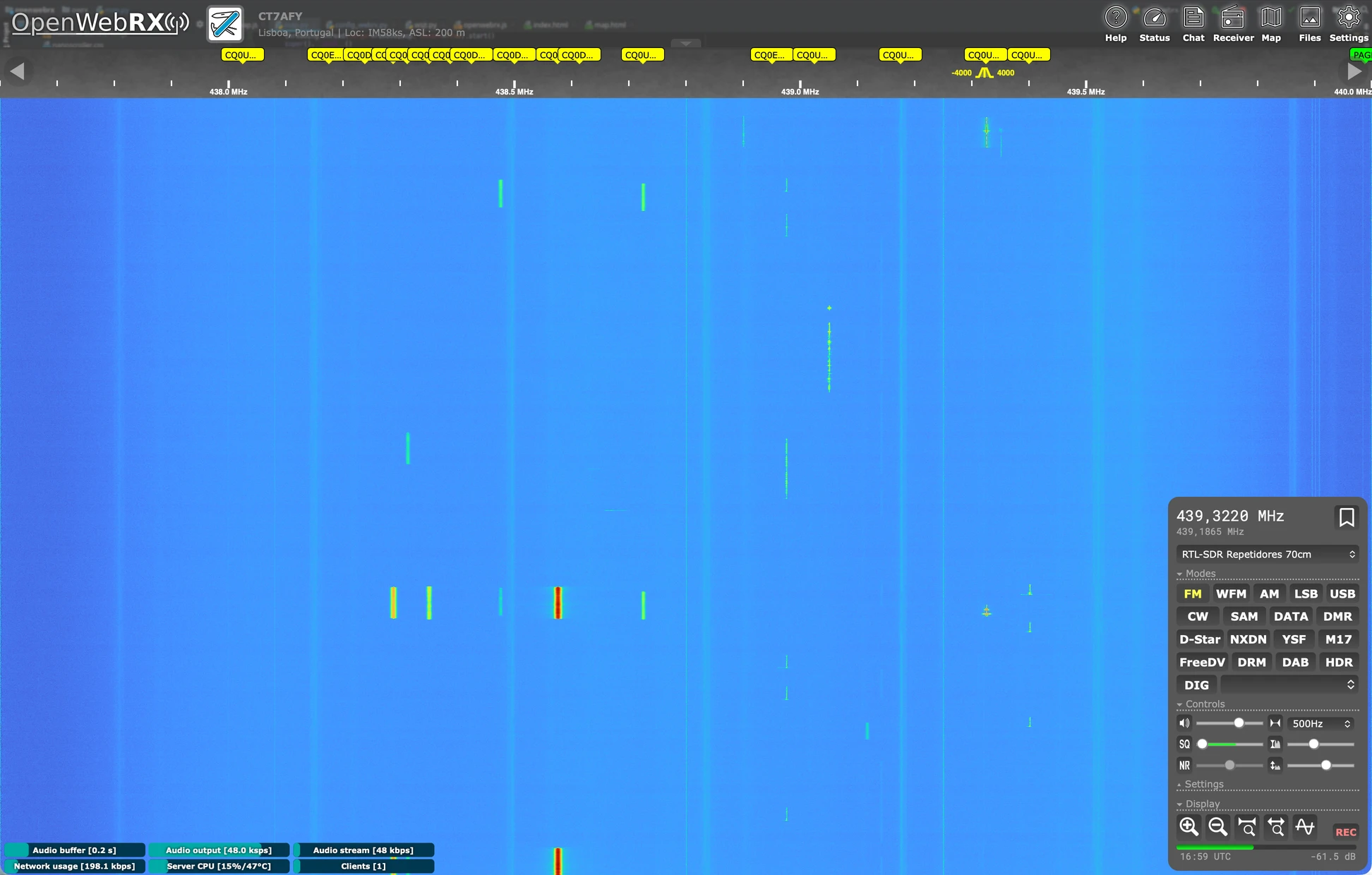 Interface OpenWebRX do CT7AFY em Lisboa, com o espectro em cascata da banda de 70 cm e os controlos de sintonia e modos de receção.